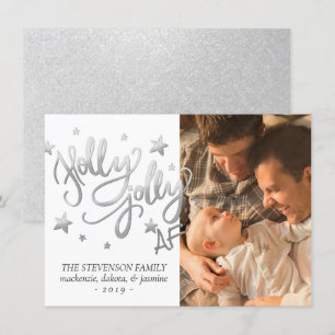 Holly Jolly AF Shiny Silver Faux Foil Photo Holiday Card
