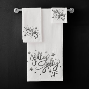 Holly Jolly AF   Shiny Silver Faux Foil Script Bath Towel Set