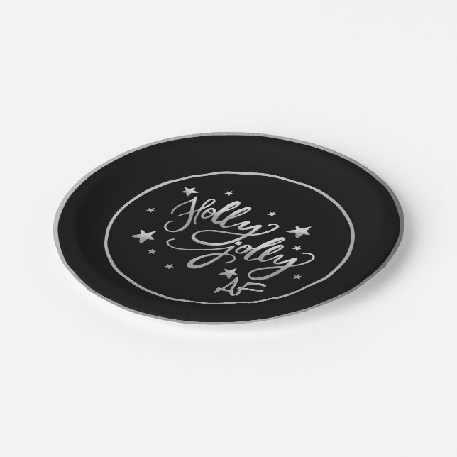 Holly Jolly AF | Shiny Silver Faux Foil Script Paper Plate (Angled)