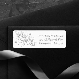 Holly Jolly AF   Shiny Silver Faux Foil Script Return Address Label