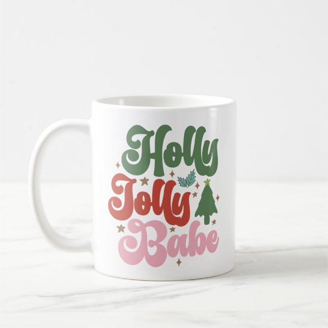 Holly Jolly Babe Retro Groovy Christmas Holidays Coffee Mug (Left)