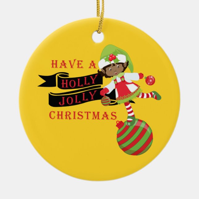 Holly Jolly Black African American Christmas Elf Ceramic Ornament (Front)