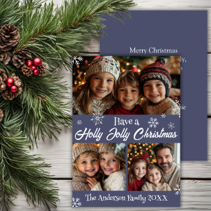 Holly Jolly Blue And White Christmas Family Photo Holiday Card