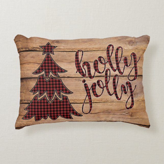 holly jolly Buffalo Plaid Christmas Tree Pillow (Front)