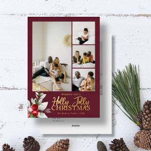 Holly Jolly Christmas 5 Photo Berry Deep Red Foil Holiday Card