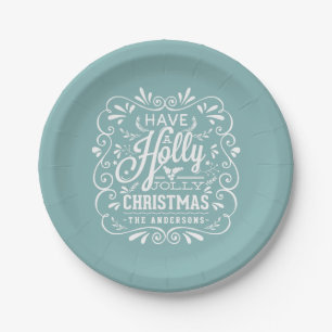 Holly Jolly Christmas Chalk Art Holiday Blue Party Paper Plate
