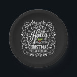 Holly Jolly Christmas Chalkboard Holiday Party Paper Plate<br><div class="desc">Have A Holly Jolly Christmas custom holiday party paper plates. Festive and folksy curly chalk-art style Christmas Holiday design. Whimsical chalkboard style swirly frame with white chalk-art typography on blackboard background and retro mix of hand-lettered styles, decorated with frosty foliage and holly berries. Add your own personalised greeting or family...</div>