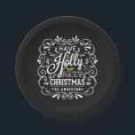 Holly Jolly Christmas Chalkboard Holiday Party Paper Plate<br><div class="desc">Have A Holly Jolly Christmas custom holiday party paper plates. Festive and folksy curly chalk-art style Christmas Holiday design. Whimsical chalkboard style swirly frame with white chalk-art typography on blackboard background and retro mix of hand-lettered styles, decorated with frosty foliage and holly berries. Add your own personalised greeting or family...</div>
