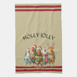 Holly Jolly  - Christmas Chickens With Santa Hats  Tea Towel