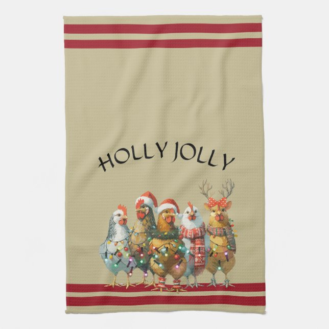 Holly Jolly  - Christmas Chickens With Santa Hats  Tea Towel (Vertical)
