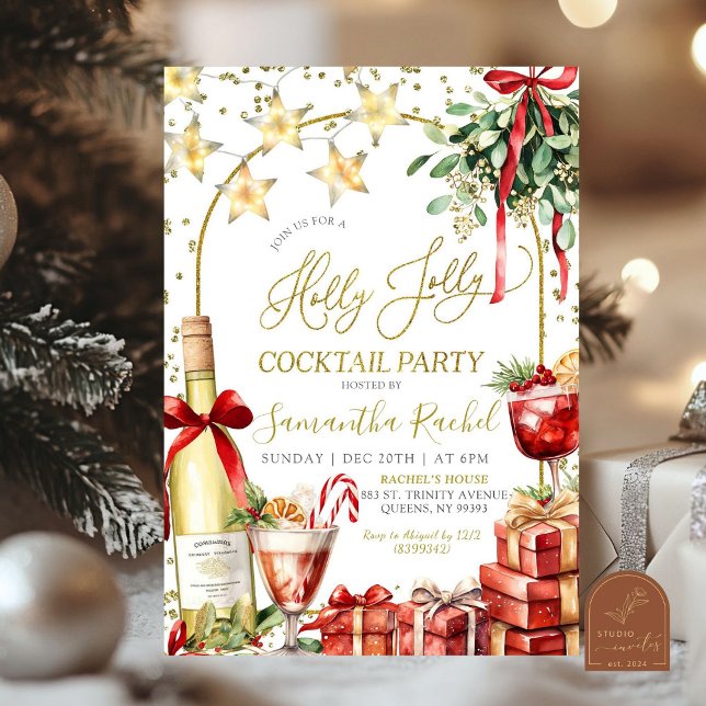 Holly Jolly Christmas Cocktail Champagne Party Invitation (Creator Uploaded)