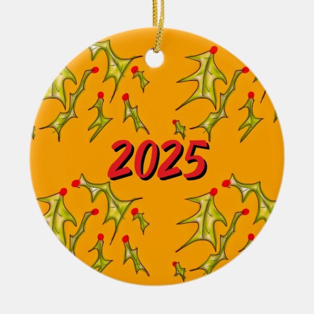 Holly Jolly Christmas Custom Date Ceramic Ornament (Front)
