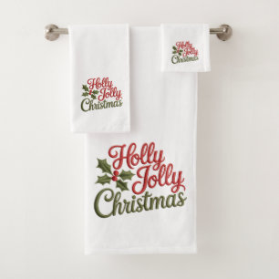 Holly Jolly Christmas  Embroidery Typography Bath Towel Set