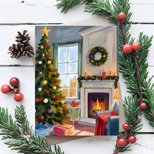 Holly Jolly Christmas   Fireplace Tree Merry Holiday Card