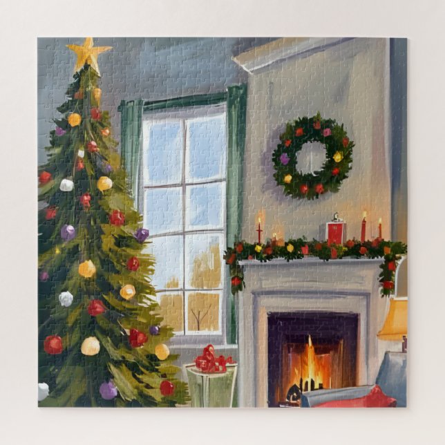 Holly Jolly Christmas | Fireplace Tree Merry Jigsaw Puzzle (Vertical)