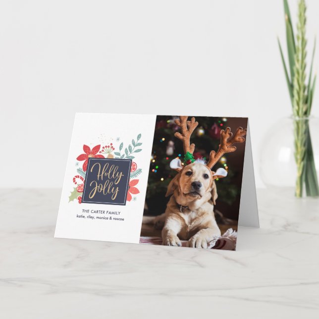 Holly Jolly Christmas Floral | Photo Holiday Card (Front)