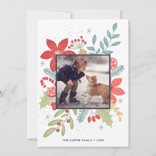 Holly Jolly Christmas Floral   Photo Holiday Card