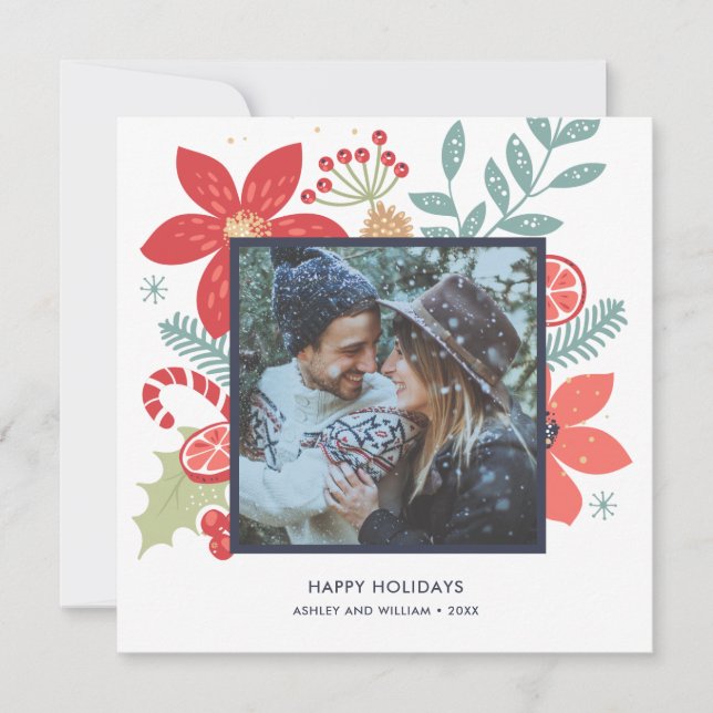 Holly Jolly Christmas Floral | Photo Holiday Card (Front)