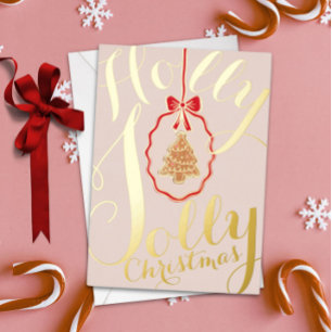 Holly Jolly Christmas Foil Holiday Card Soft Pink