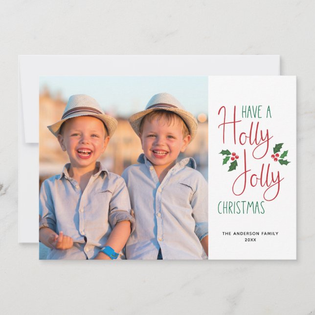 Holly Jolly Christmas Handlettered Photo Holiday Card (Front)