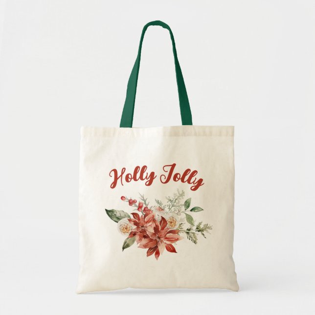 Holly Jolly Christmas Holiday Eco Grocery Shopping Tote Bag (Front)
