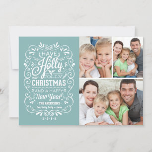 Holly Jolly Christmas Holiday Photo Collage - Blue Card