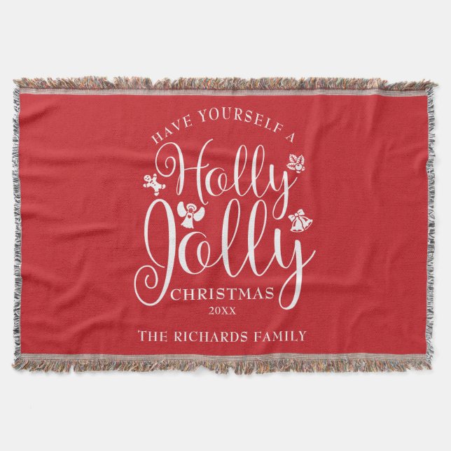 Holly Jolly Christmas Holidays Family Name Throw Blanket (Front)