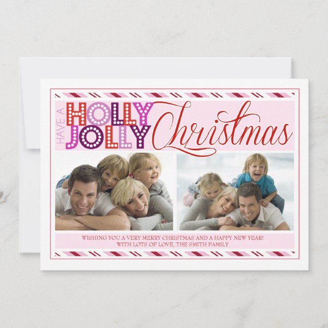Holly Jolly Christmas Modern Striped Photo Card (Front)