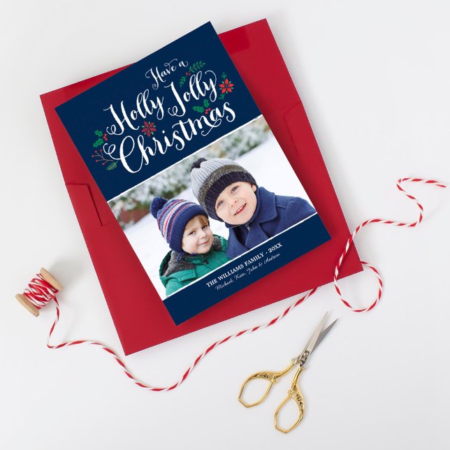 Holly Jolly Christmas Navy Blue Photo Holiday Card (Creator Uploaded)
