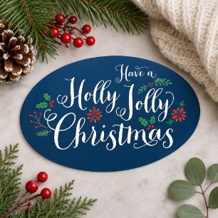 Holly Jolly Christmas Navy Blue Script Oval Sticker