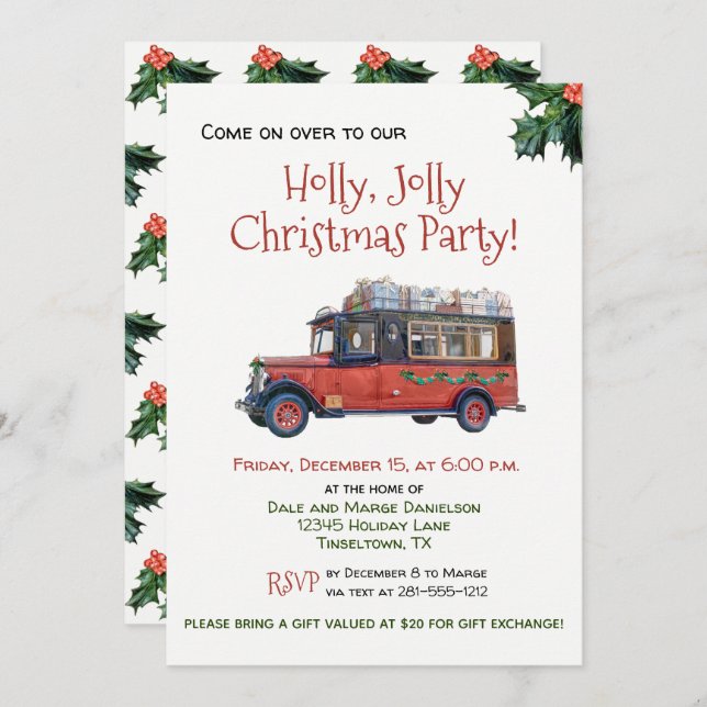 Holly Jolly Christmas Party Vintage Bus Invitation (Front/Back)