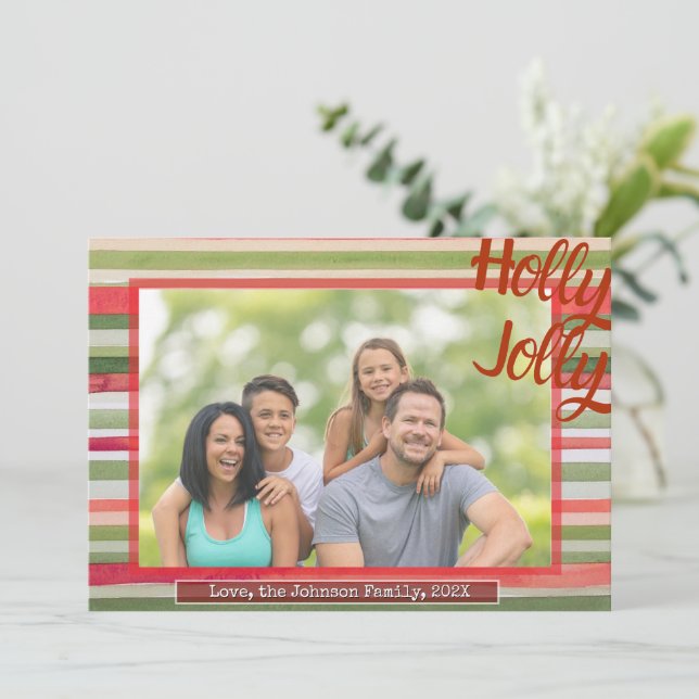 Holly Jolly Christmas Photo Card Festive Stripes (Standing Front)
