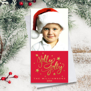 Holly Jolly Christmas Photo   Whimsical Red Gold Holiday Card