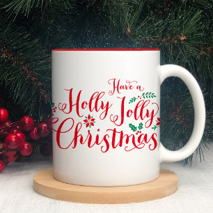 Holly Jolly Christmas Red Handwritten Script Two-Tone Coffee Mug