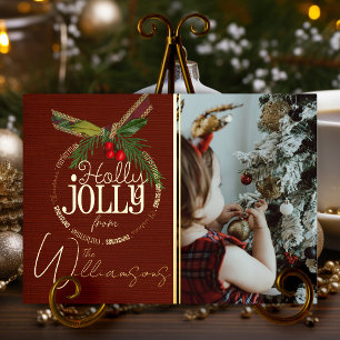 Holly Jolly Christmas Red With Holly Berry Gold  Foil Holiday Card