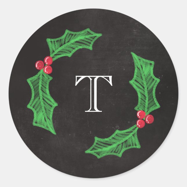 Holly Jolly Christmas Rustic Chalkboard Monogram Classic Round Sticker (Front)