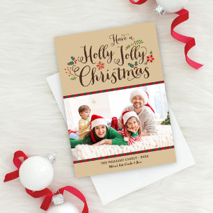 Holly Jolly Christmas Rustic Tan Photo Holiday Card