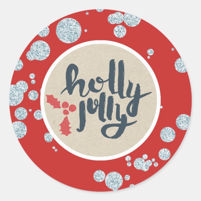 HOLLY JOLLY Christmas Silver Glitter Kraft Holiday Classic Round Sticker (Front)