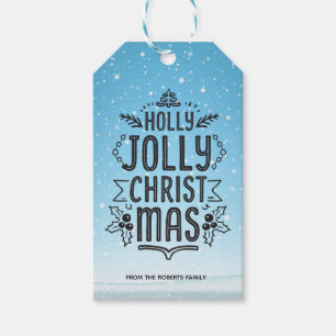 Holly Jolly Christmas Typography Blue Snow Custom Gift Tags