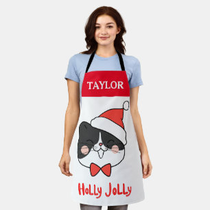 Holly Jolly Cute Christmas Santa Cat Apron