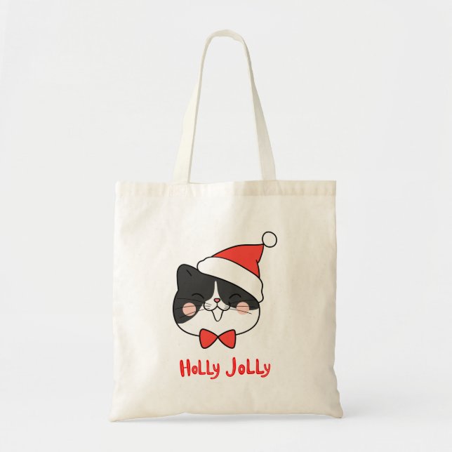 Holly Jolly Cute Christmas Santa Cat  Tote Bag (Front)