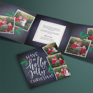 Holly Jolly Cute Rustic Multi Photo Tri-Fold Holiday Card