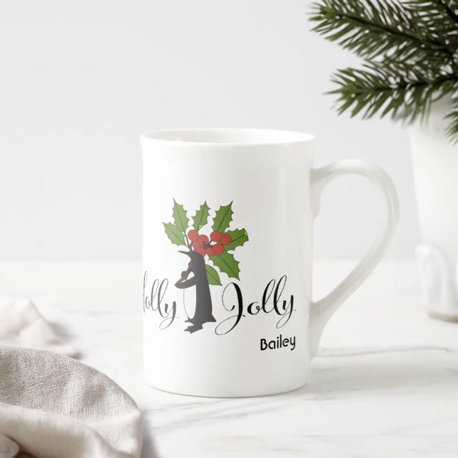Holly Jolly Cute Whimsical Penguin Christmas Bone China Mug (Creator Uploaded)