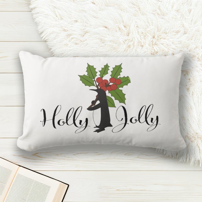Holly Jolly Cute Whimsical Penguin Christmas Lumbar Cushion (Creator Uploaded)