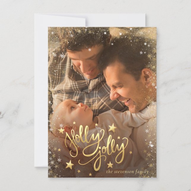 Holly Jolly | Elegant Gold Faux Foil 2 Photo Holiday Card (Front)