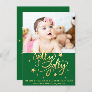 Holly Jolly   Elegant Gold Faux Foil Script Photo Holiday Card
