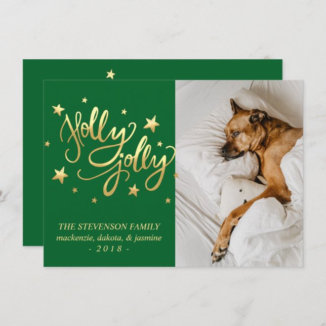 Holly Jolly | Elegant Gold Faux Foil Script Photo Holiday Card (Front/Back)