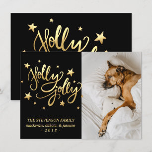 Holly Jolly Elegant Gold Faux Foil Script Photo Holiday Card