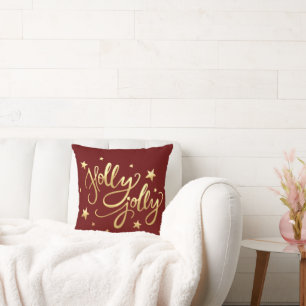 Holly Jolly Elegant Gold Faux Foil Script Red Cushion
