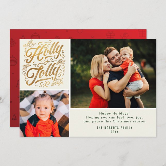 holly jolly family christmas photo collage card (Front/Back)